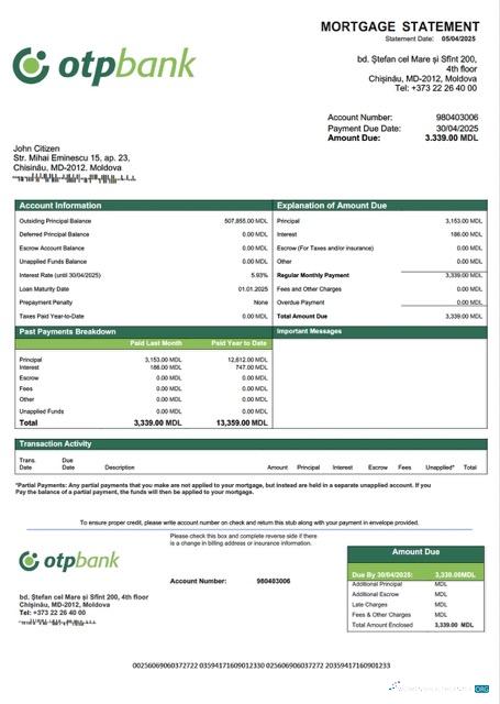 Download Moldova OTP Bank mortgage statement Word and PDF template Photoshop template
